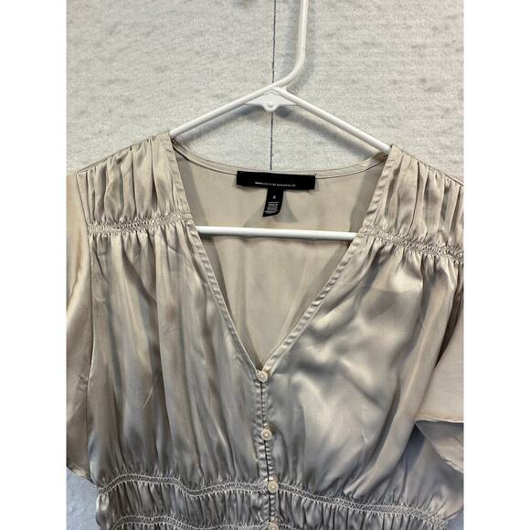 White House Black Market Silky Babydoll Button Front Top Ruching V Neck GORGEOUS - Picture 5 of 9